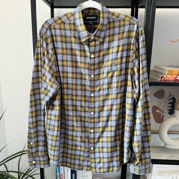Bonobos Blue Green Plaid Standard Fit Flannel Long Sleeve Button Down Shirt M - Picture 1 of 10